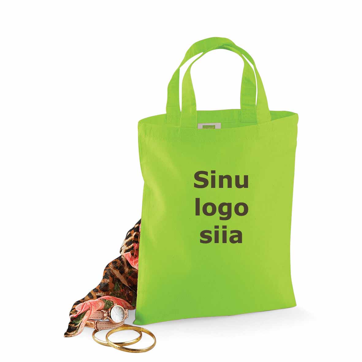 Logoga väike puuvillane kott Salatiroheline 26x32cm